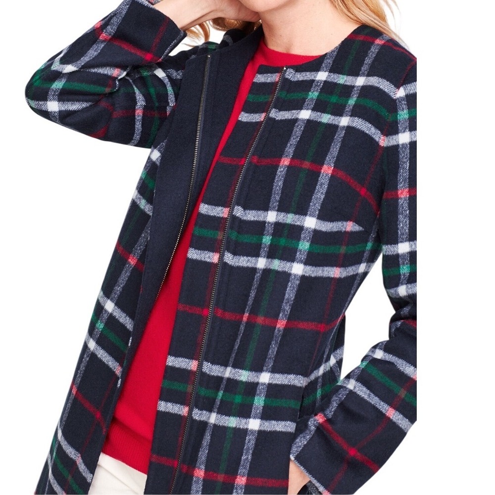 Talbots Double Face Plaid Topper Zip Front Jacket Coat Navy Size Medium Petite‎